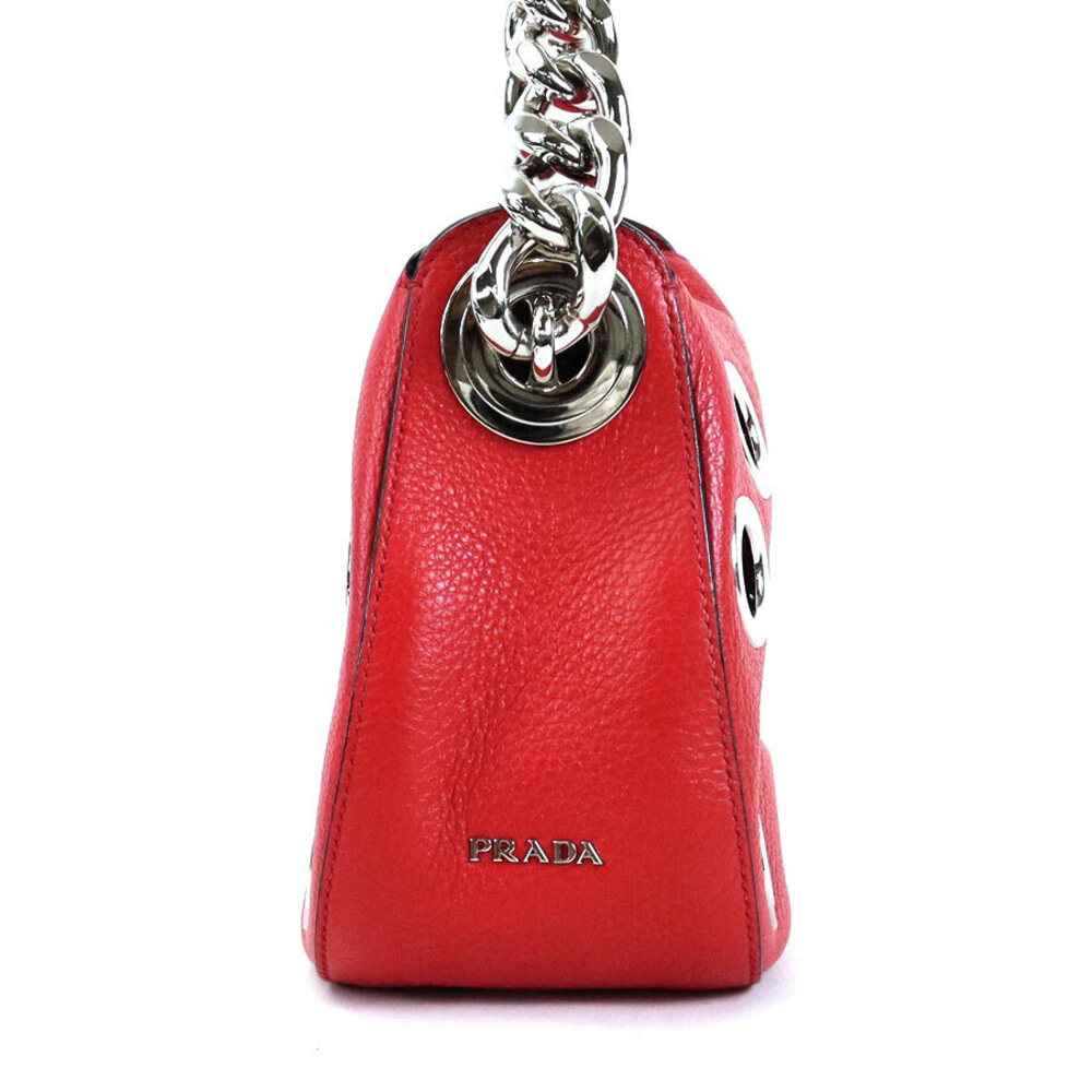 Prada Hobo Vitello Shoulder Bag Grommet Chain Red Daino